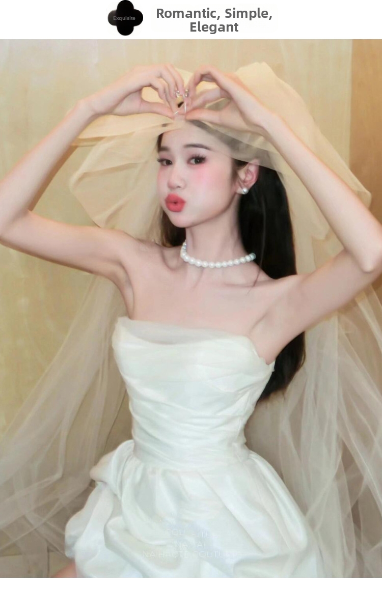 Petite French Style Satin Strapless Wedding Dress White Morning Robe Short Dress for Marriage Registration And Engagement_ecoleips.com
