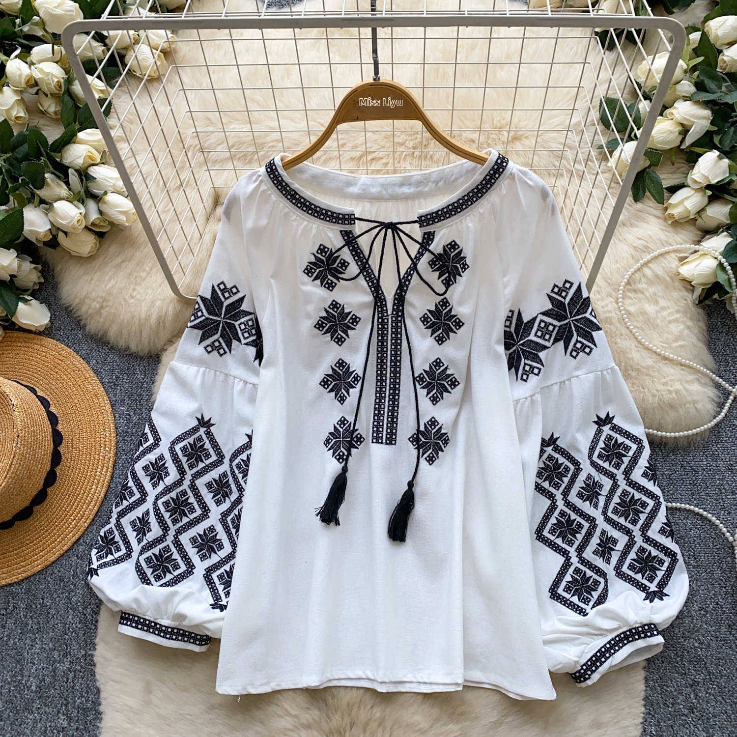 Women's Bohemian Style Tie Waist Blouse Korean Summer Loose Fit Top Heavy Embroidery Lantern Sleeve Slimming Blouse_ecoleips.com
