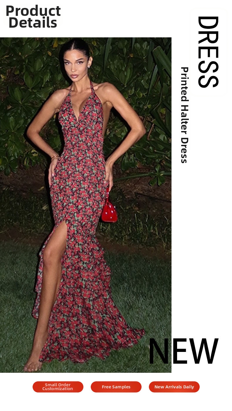 Summer Fashion Printed Dress Backless Multi Layered Hem V Neck Elegant Classy Women's Straps Export Style_ecoleips.com