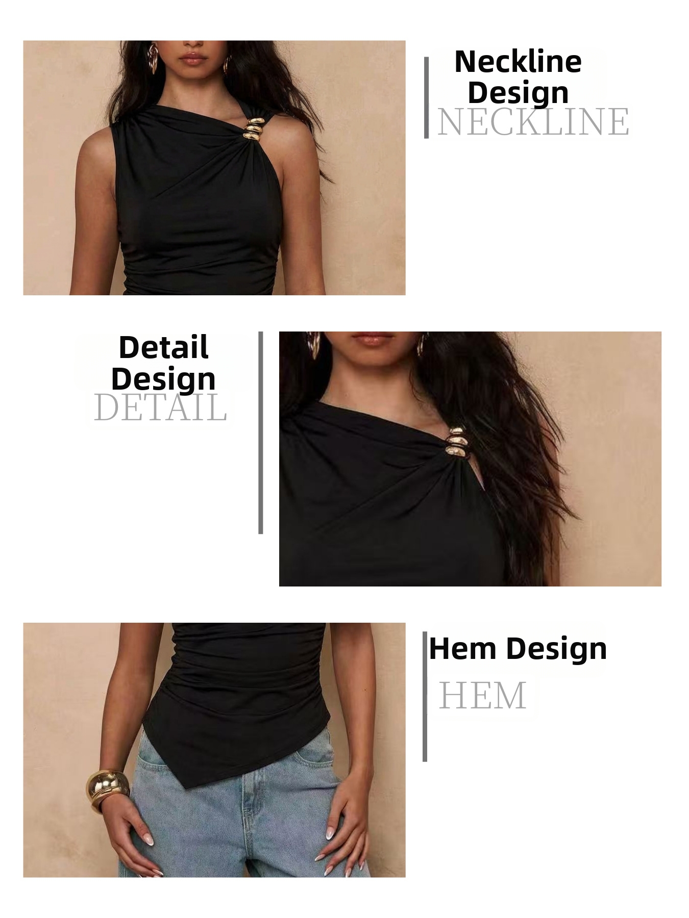 Women's Slim Fit Sleeveless Vest Top Solid Color Irregular Pleats Metal Buckle Closure Product 2026_ecoleips.com