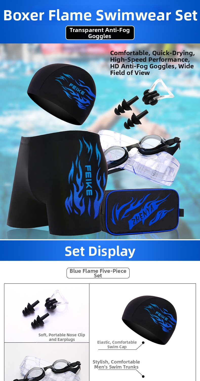 Zwembroek voor heren in grote maten, sneldrogend, comfortabel badpak voor volwassenen met vlammenpatroon, complete set voor warmwaterbronnen inclusief zwembril en badmuts._voghion.com