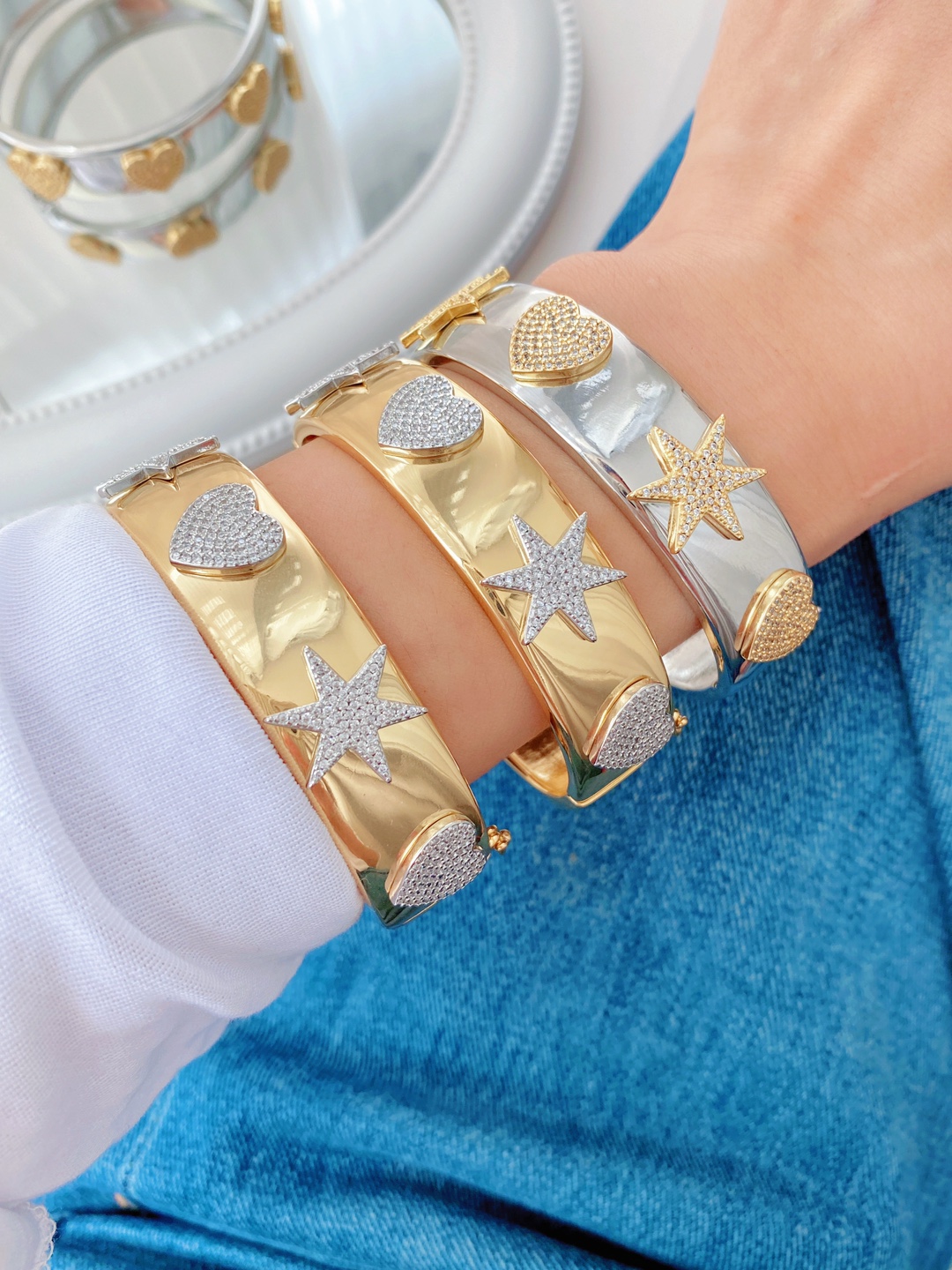 Holiday, Daily Occasion Copper Zircon Star Heart Shape Mixed Metal Plating Vintage Style Classic Style Bangle For Women's