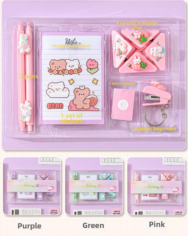 Set di articoli per ufficio a tema macaron: quaderno con disegni animati e cucitrice, ideale per la scuola e il lavoro._voghion.com