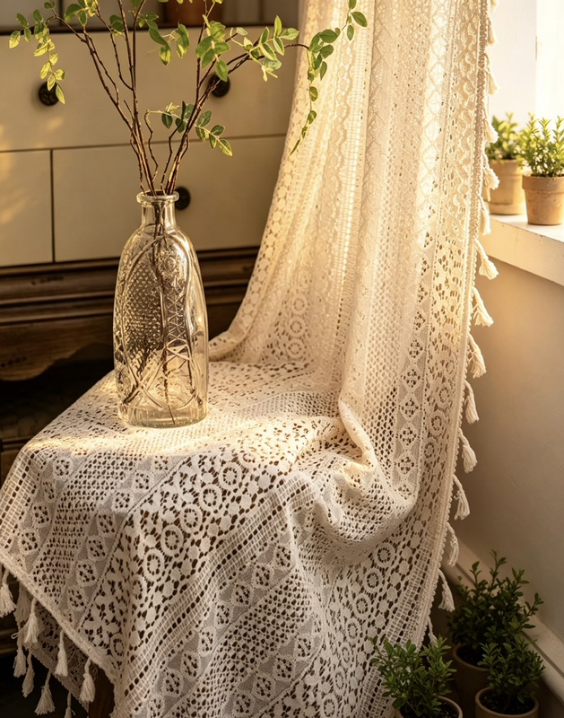 Cross-Border Bohemian Style Beige Curtains with Tassels, Lace Vintage Curtains, Available for Dropshipping Via Temu and Shein
