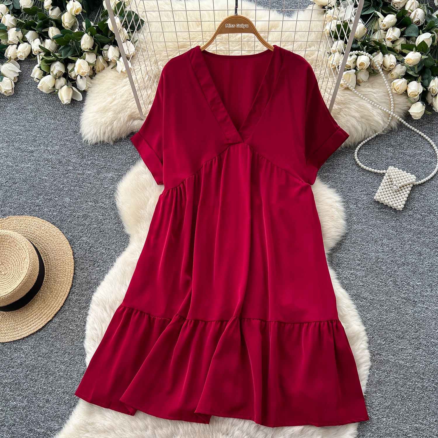 Korean Style V Neck Casual Dress For Women Short Sleeved Summer Simple Loose Slimming A-Line Skirt For Commuting_ecoleips.com