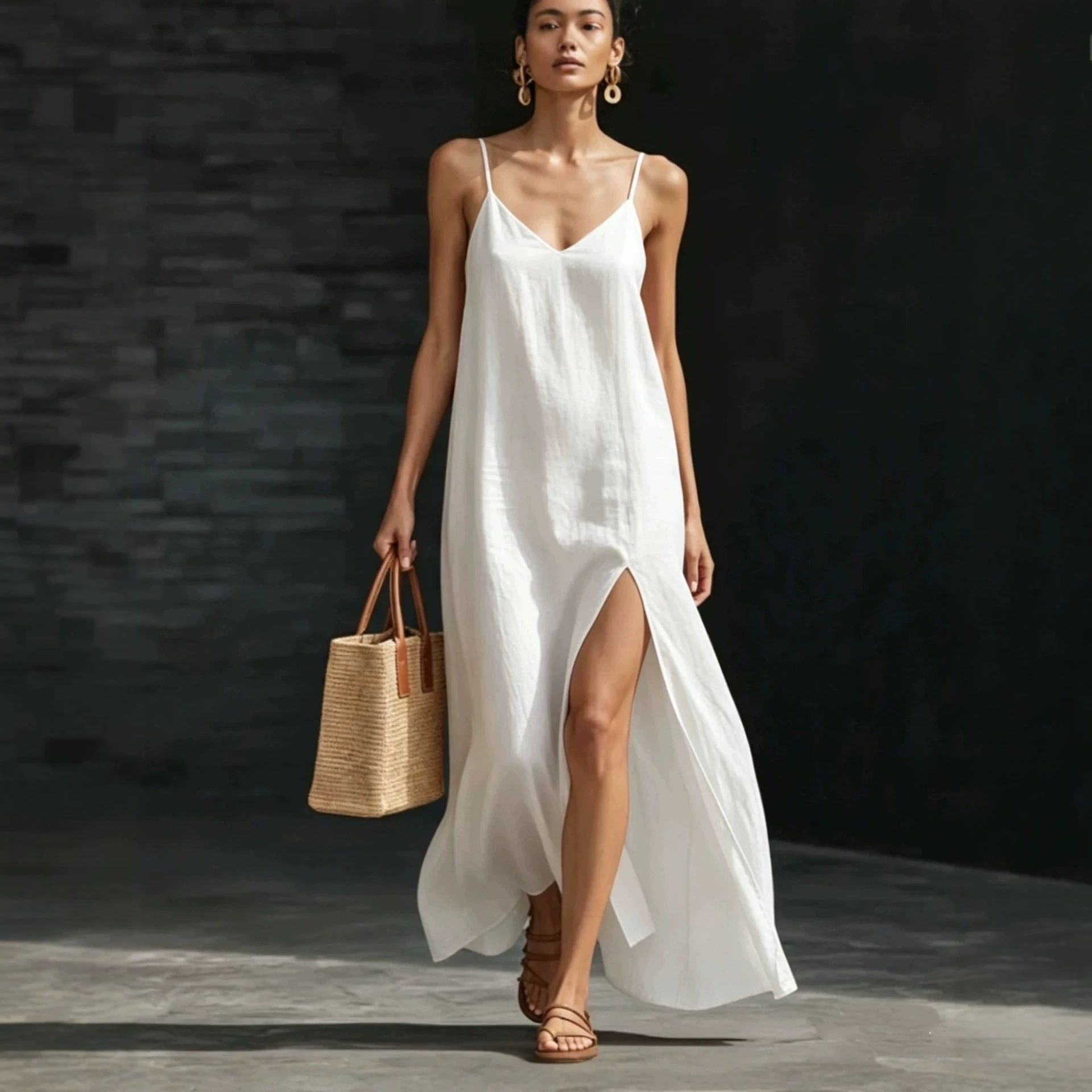 Damen-Maxikleid mit V-Ausschnitt und Schlitz, einfarbig, leicht, gestrickt, ideal für Freizeit und Urlaub, ärmelloses Strandkleid in lockerer Passform_voghion.com