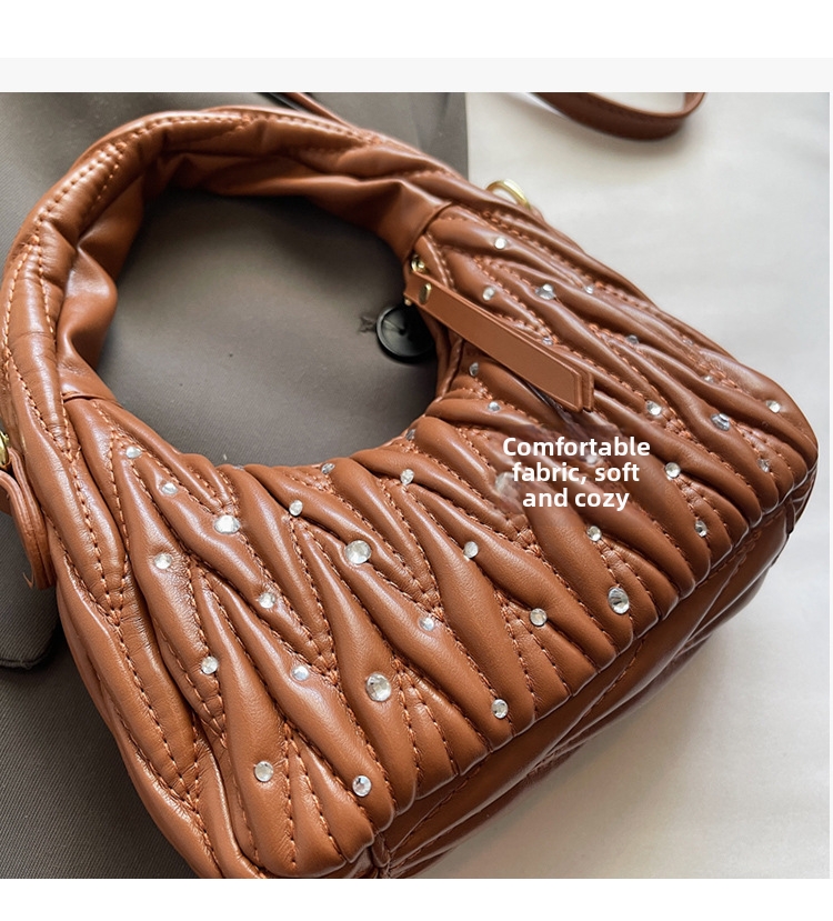 Borsa a tracolla da donna dal design plissettato alla moda con decorazioni di strass, borsa a tracolla casual di tendenza._voghion.com