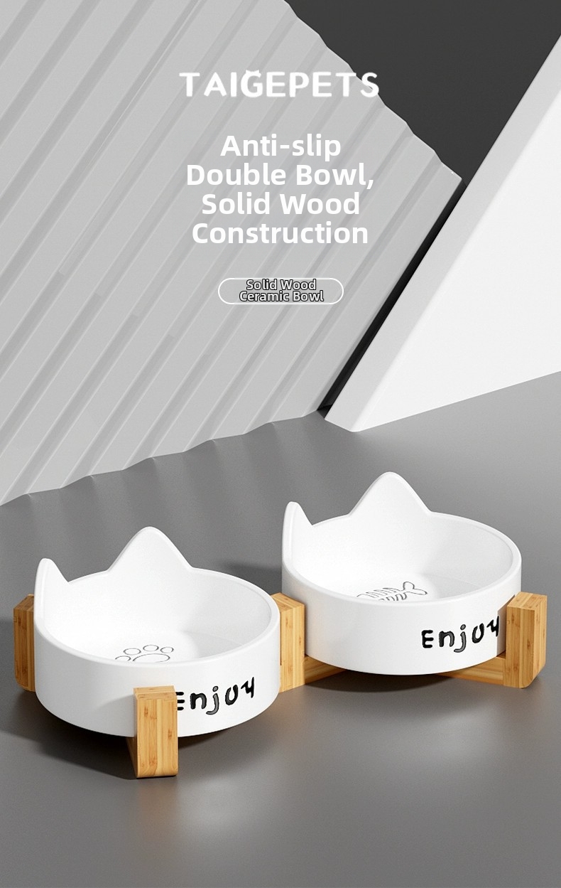 Ceramic Cat Bowl Elevated Pet Feeder With Wooden Stand_voghion.com
