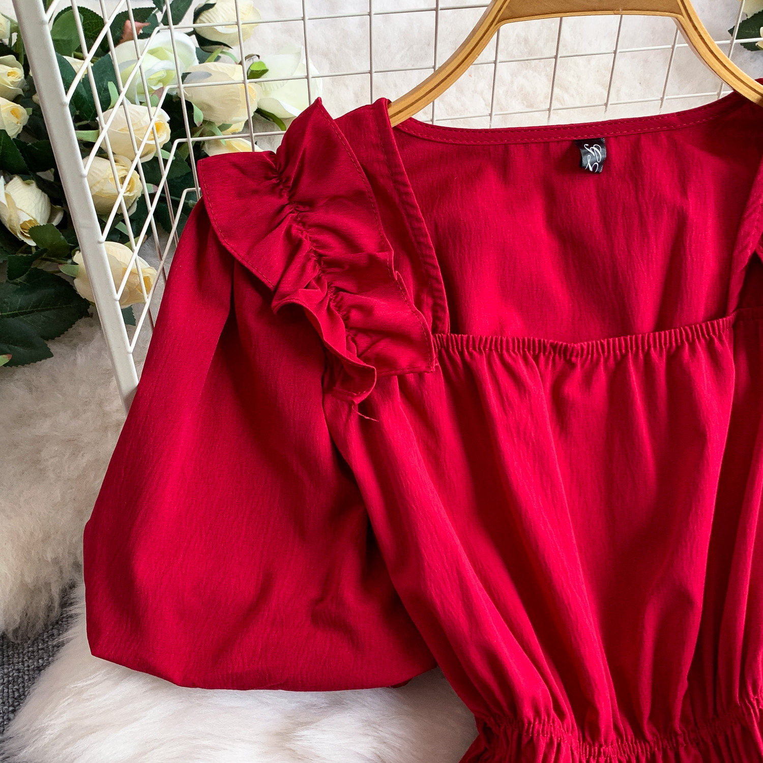 Women's French Retro Style Puff Sleeve Dress Square Neck High Waist Slimming A-Line Long Skirt Summer Gentle_ecoleips.com