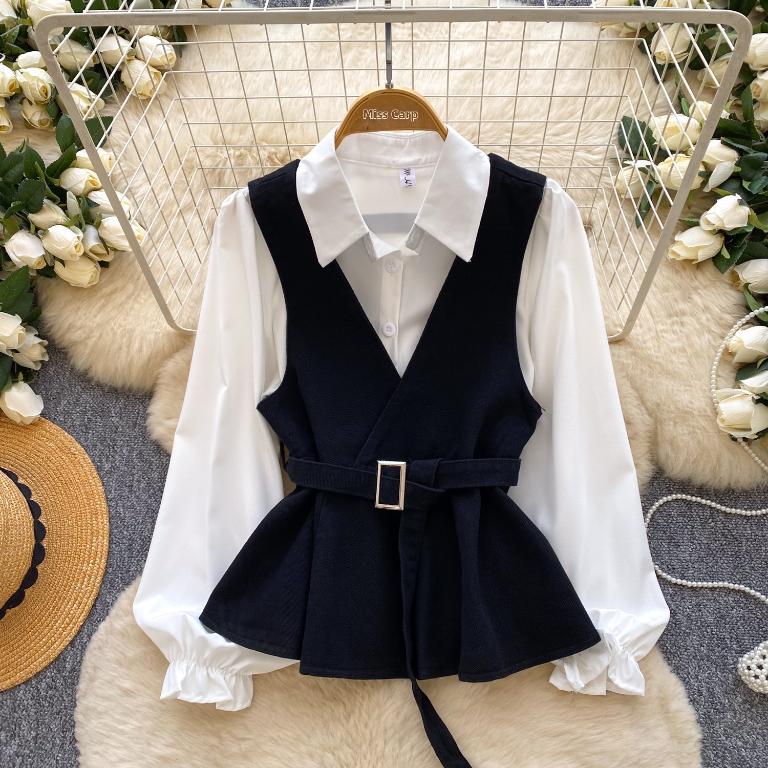 Conjunto feminino de duas peças colete e cardigã em tricô_voghion.com