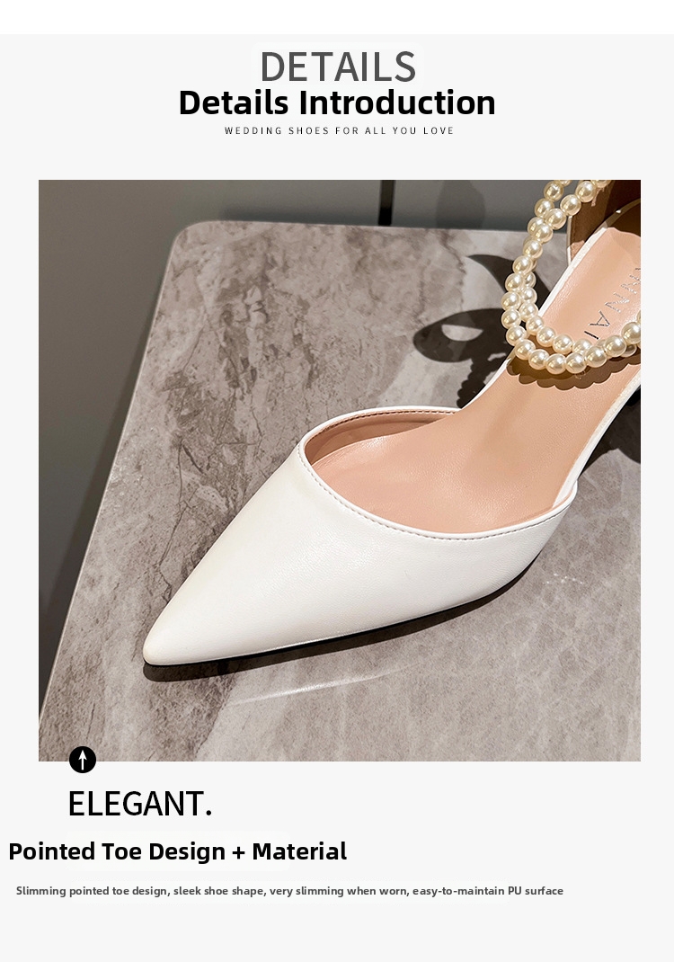 Women's French Style Elegant High Heels Pointed Toe Hollow Pearl Chain Bow Stiletto Pumps White Wedding Shoes Chunky Heel Plus Size_vogvips.com