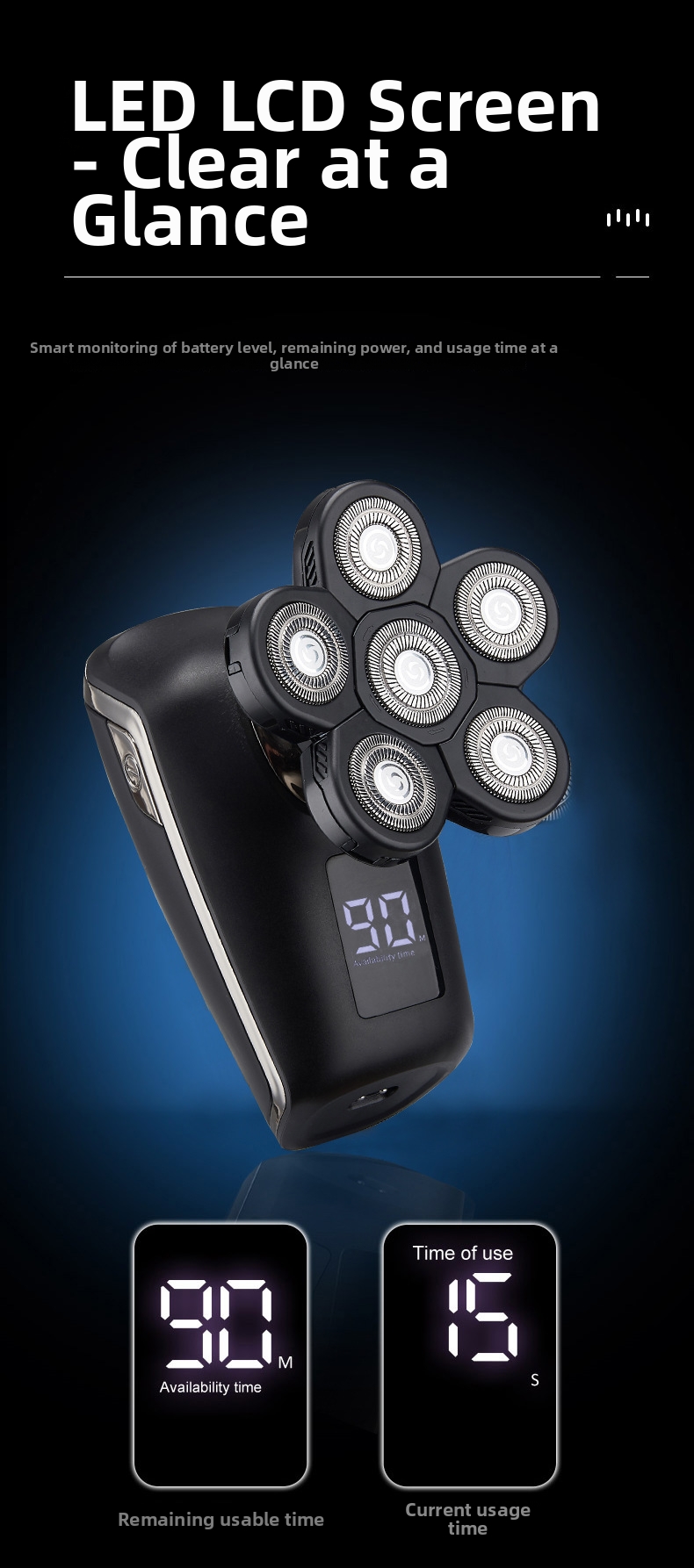 Electric Shaver Bald Head Hair Clipper Digital Display Six Blade Multi-Functional 5-in-1 Razor_voghion.com