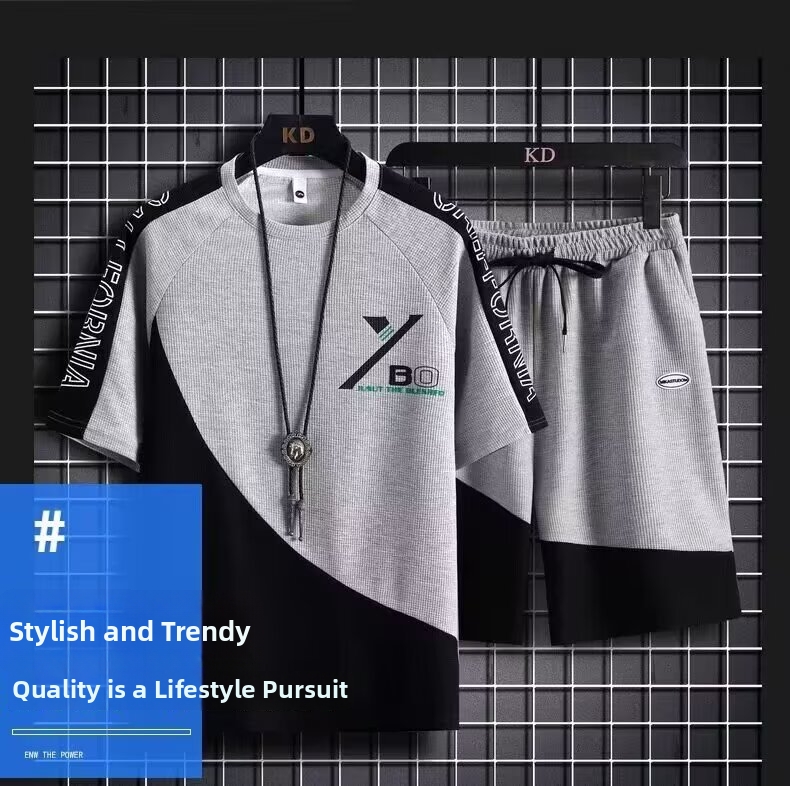 Ensemble d'été en maille gaufrée pour adolescents – T-shirt à manches courtes respirant et short de sport pour les loisirs et le sport (M-5XL, gris/blanc/noir)_voghion.com