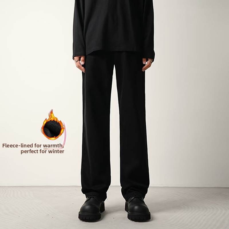 Men's Stretch Denim Jeans Loose Fit Straight Leg Fleece Lined Long Pants Style_viptrois.com