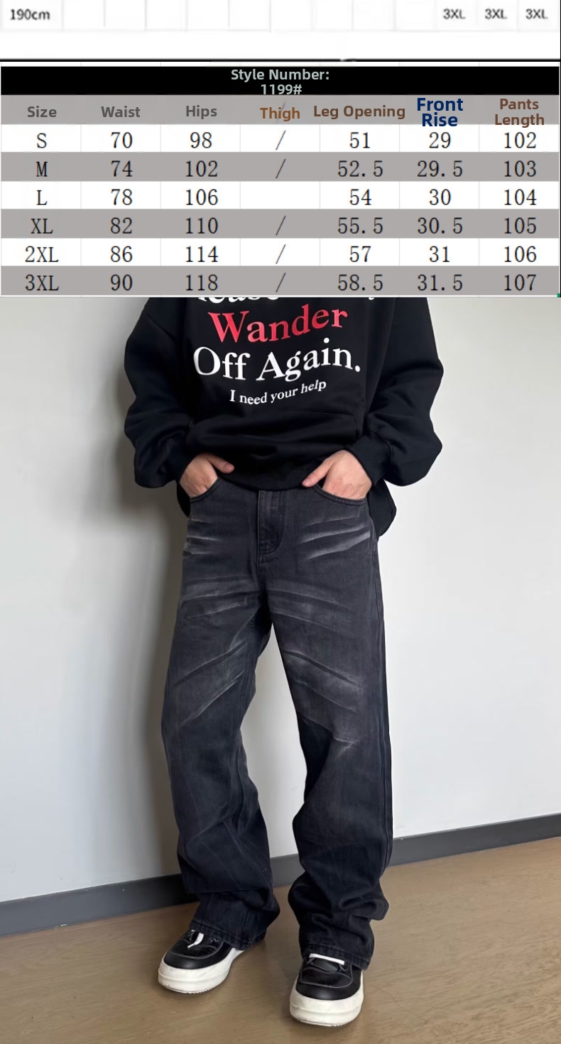 Men's Retro Distressed Washed Black Straight Leg Jeans Trendy Loose Casual Trousers_mkmklike.com