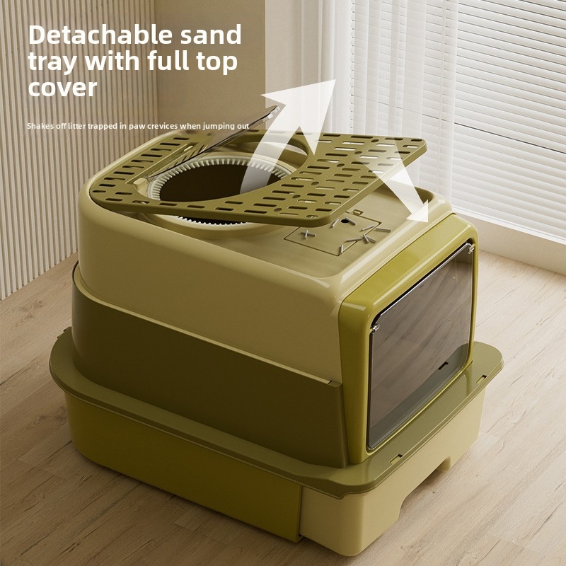 Qinggu Extra Large Olive Dreischicht-Katzentoilette mit Schublade, UV-C-Sterilisation, spritzwassergeschützt, Haustierbedarf_voghion.com