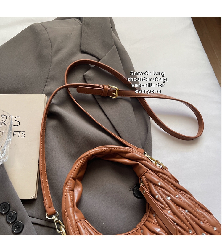 Borsa a tracolla da donna dal design plissettato alla moda con decorazioni di strass, borsa a tracolla casual di tendenza._voghion.com