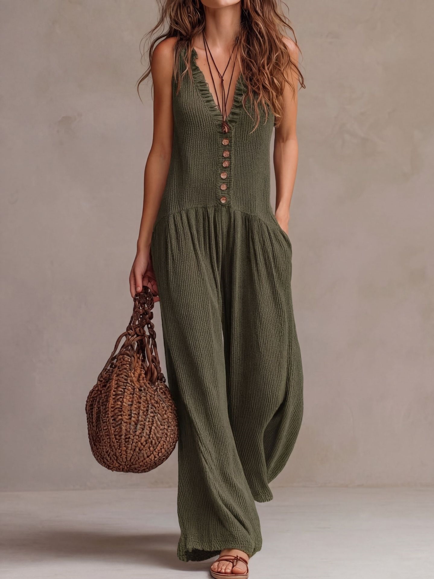 Women's Bohemian Style V Neck Sleeveless Pleated Wide Leg Jumpsuit Casual Vacation Fashion_ecoleips.com