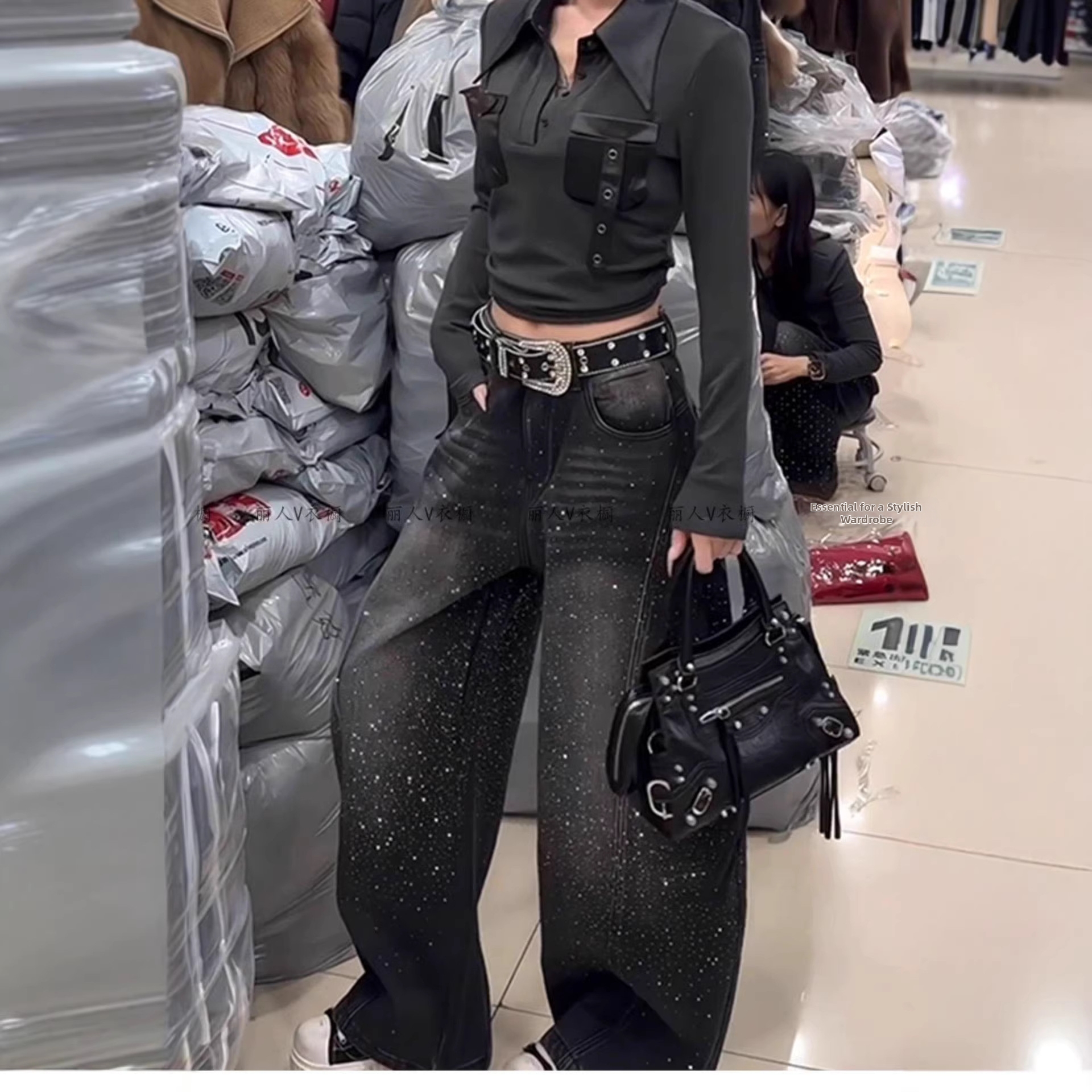 Jeans da donna High Street a vestibilità ampia, con strass e dettagli a cielo stellato, lunghezza fino al pavimento, casual, per ragazze alla moda_voghion.com