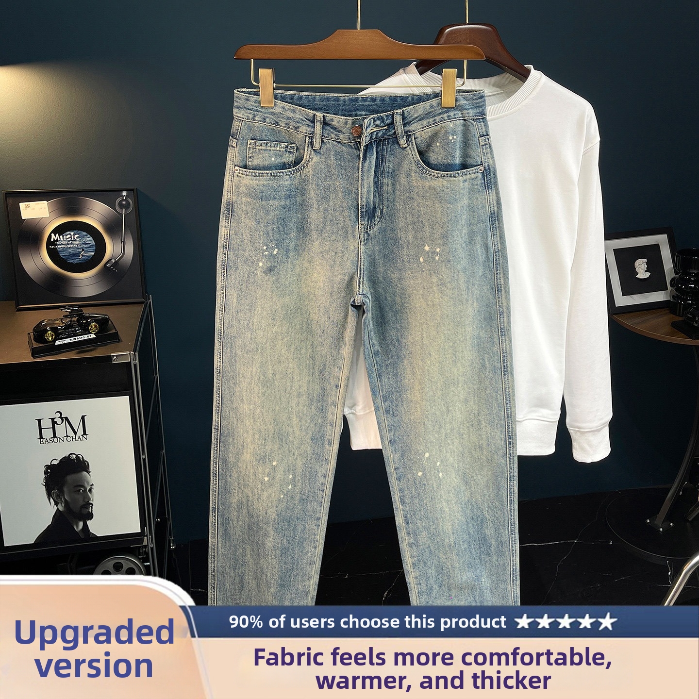 Jeans da uomo retrò americani con schizzi di vernice, foderati in pile, caldi, gamba dritta, casual, lavati, alla moda, primavera-autunno._voghion.com