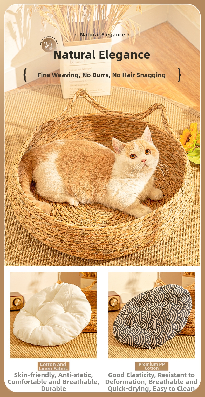 Woven Rattan Cat Bed With Cushion, Washable Scratching Mat_voghion.com