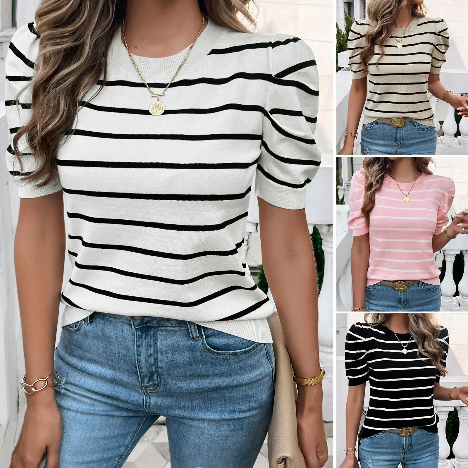 Summer T-shirt, colored sweater, European style, for import, with short sleeve, puff sleeves