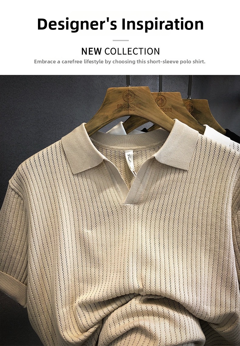 Herren Polo Shirt Elfenbeinweiß Eisseide Strick Kurzarm_voghion.com