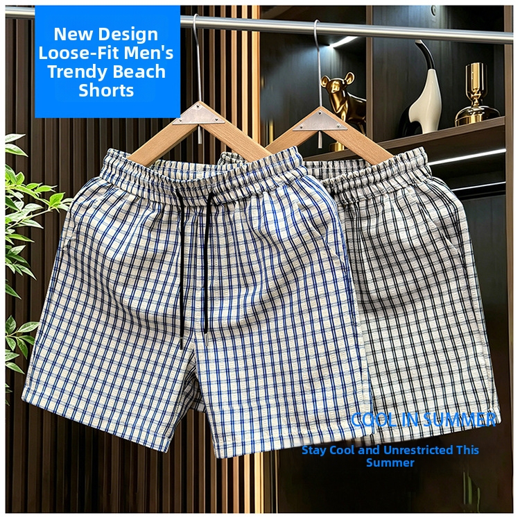 Men's Blue Plaid Straight Leg Shorts Trendy Versatile Summer Thin Striped Casual Sports Bottoms_viptrois.com