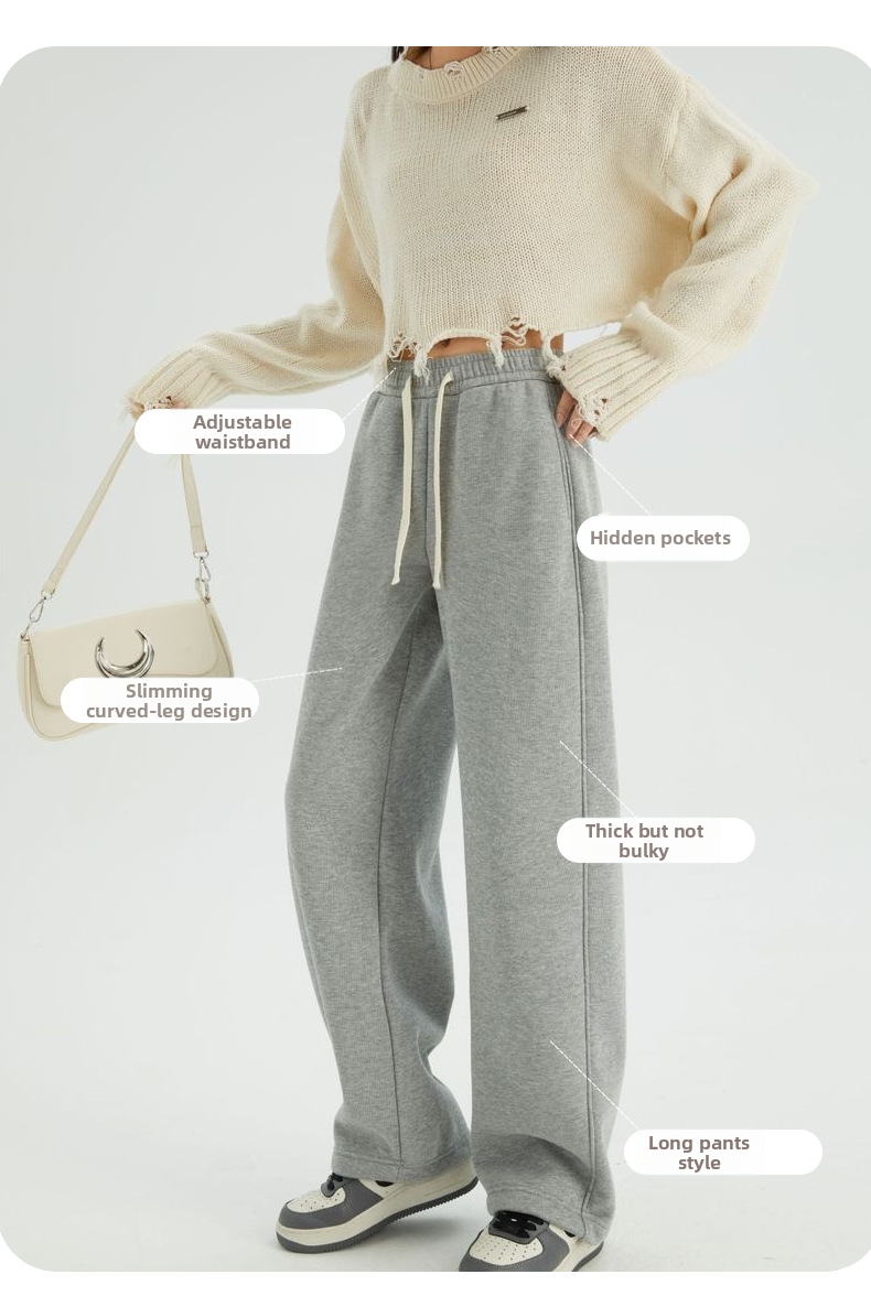 Women's High Waist Wide Leg Pants Winter Warm Faux Cashmere Cotton Straight Sweatpants Loose Slimming Bottoms Black Gray White_voghion.com