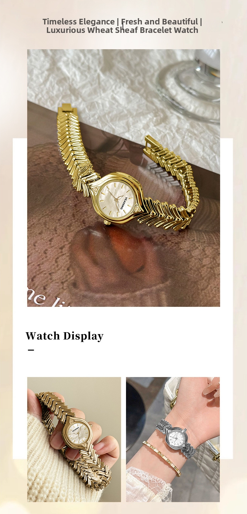 Guld damur quartz armbandsur med pärlemor urtavla retro stil_voghion.com