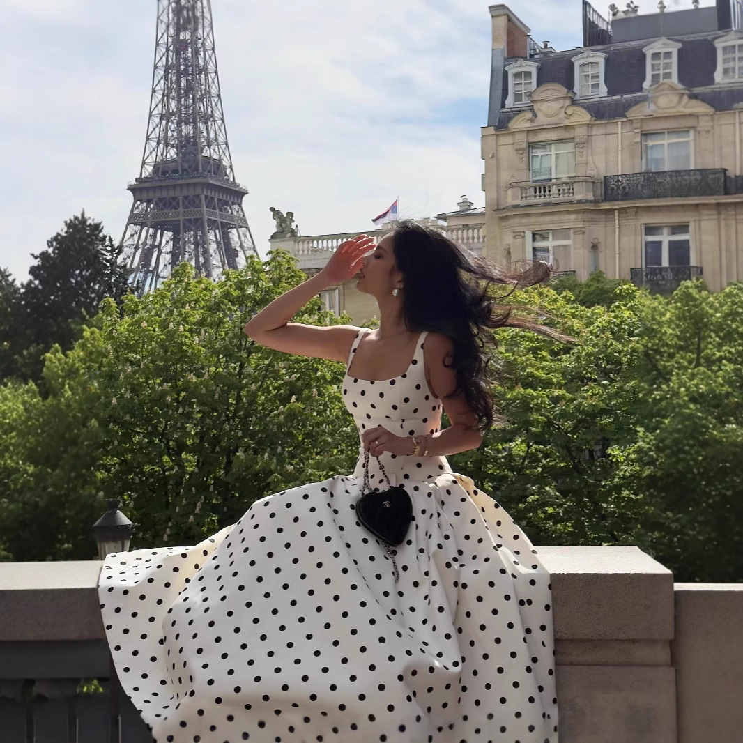 Women's Stylish Polka Dot Ruffled Full Skirt Dress Elegant Waist Cinching Casual American Style Thin Summer Dress_voghion.com