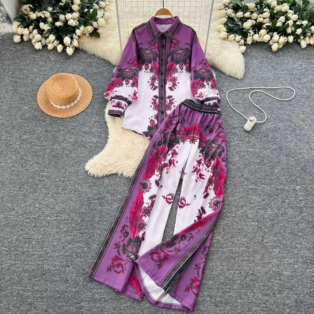 Women's European Style Chic Printed Shirt And Pants Set Casual Long Sleeve Loose Fit High Waist Wide Leg Straight Pants Autumn Wear_ecoleips.com