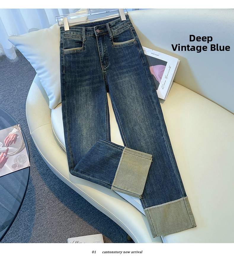 Women's Slim Fit Straight Leg Jeans Stretchy Cuffed Cropped Baguette Pants Spring Autumn Popular Style_mkmklike.com