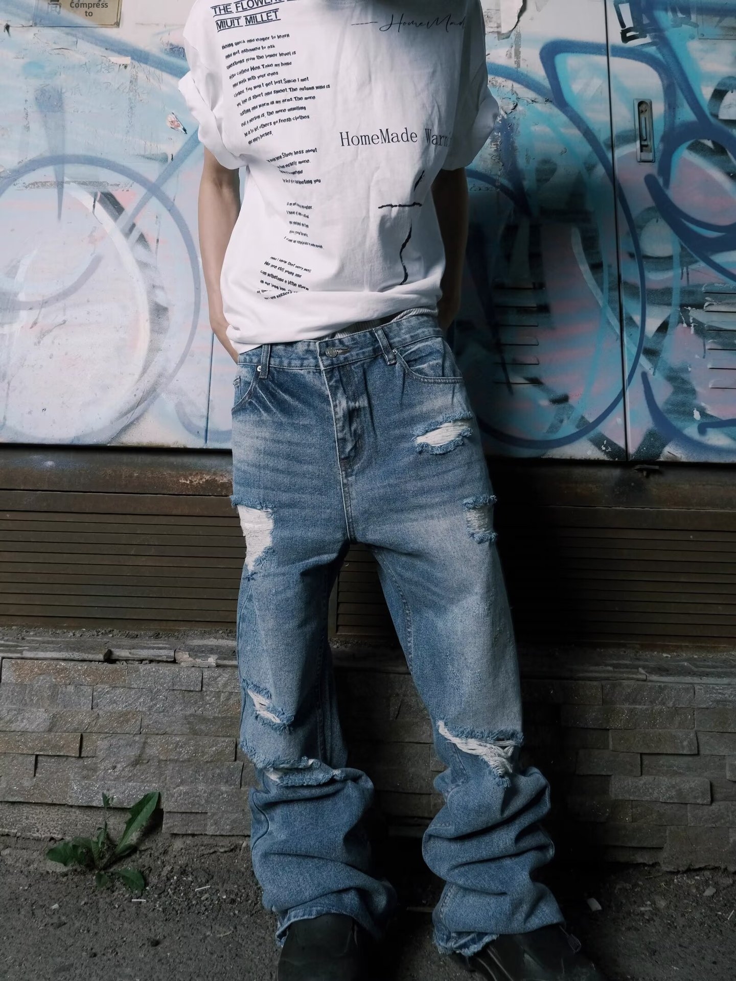 Men's High-Waist Flared Jeans Trendy High Street Style Cross Border American Retro Washed Blue Ripped Pants Floor Length_mkmklike.com