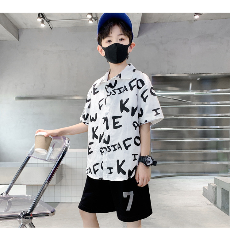 Chemise d'été à manches courtes pour garçons, imprimé de lettres coréennes, tailles moyennes et grandes_voghion.com