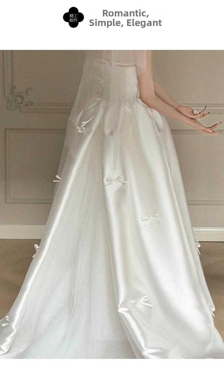 Elegant French Satin A-Line Wedding Dress With Detachable Bow & Train For Bride, Modest Chapel Length Gown_ecoleips.com