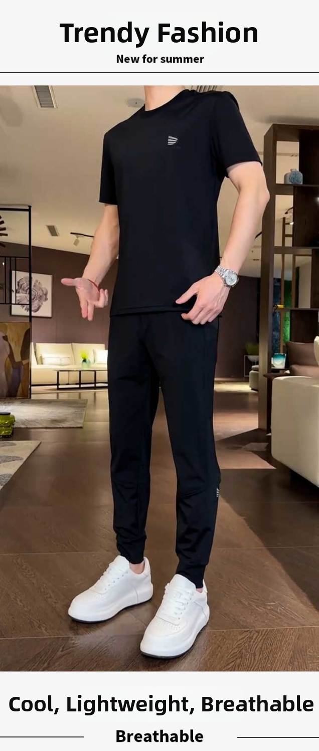 Summer Thin Ice Silk Mesh Sports Casual Suit For Men Trendy Versatile Short Sleeve Top And Pants Two-Piece Set_viptrois.com