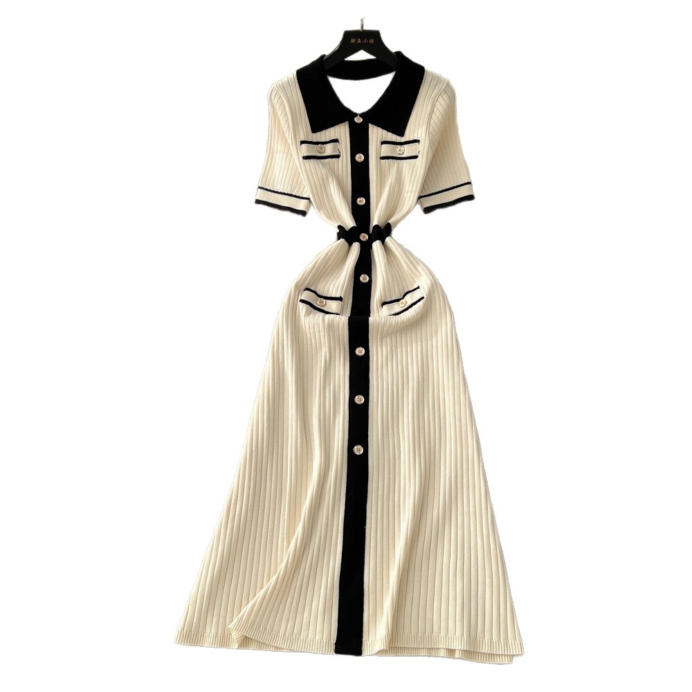 Retro Chic Fashion Polo Collar Dress For Women Short Sleeved Knitted With Metal Buckle Fitted Waist Long Skirt_ecoleips.com