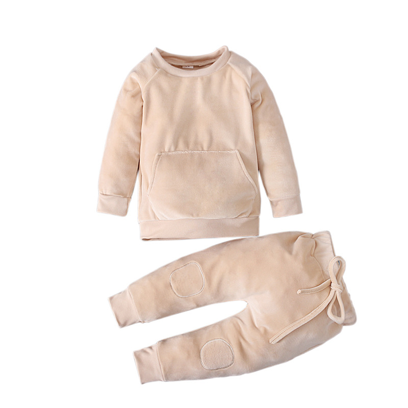 Kids' Long Sleeve Solid Color Top With Pockets + Velvet Pants 2-Piece Set, Unisex Casual Outfit For Boys & Girls, Soft & Comfortabl_voghion.com