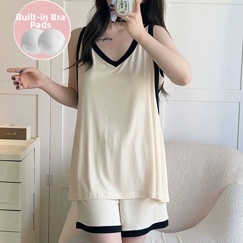 Conjunto pijama verano mujer algodón sin mangas estilo color block_voghion.com