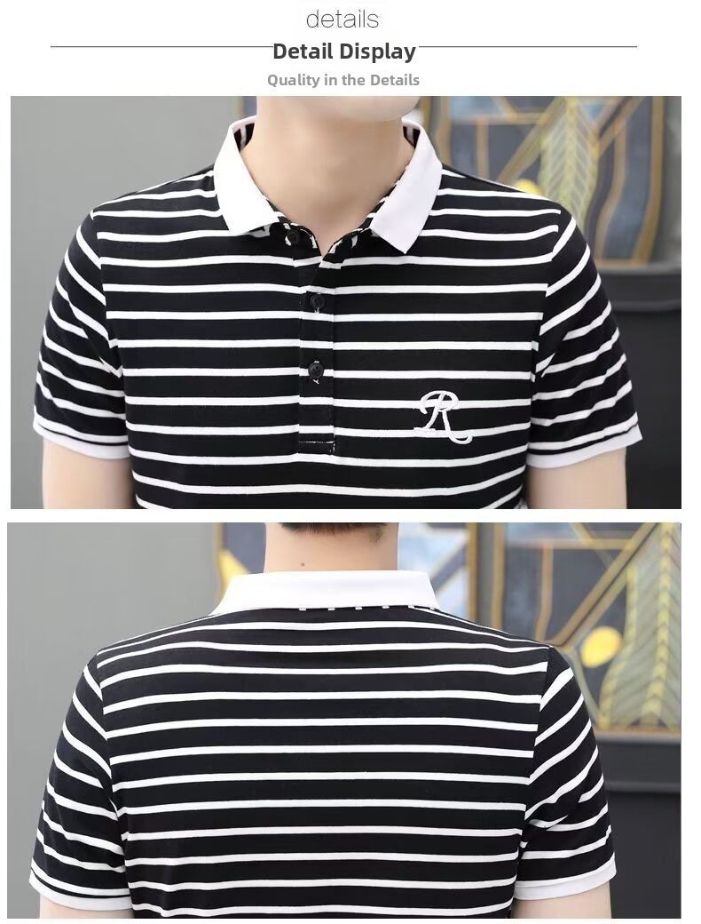Men's Premium Embroidered Polo Shirt With Stripe Design, Relaxed Fit Short Sleeve Top For Summer Casual Style_viptrois.com