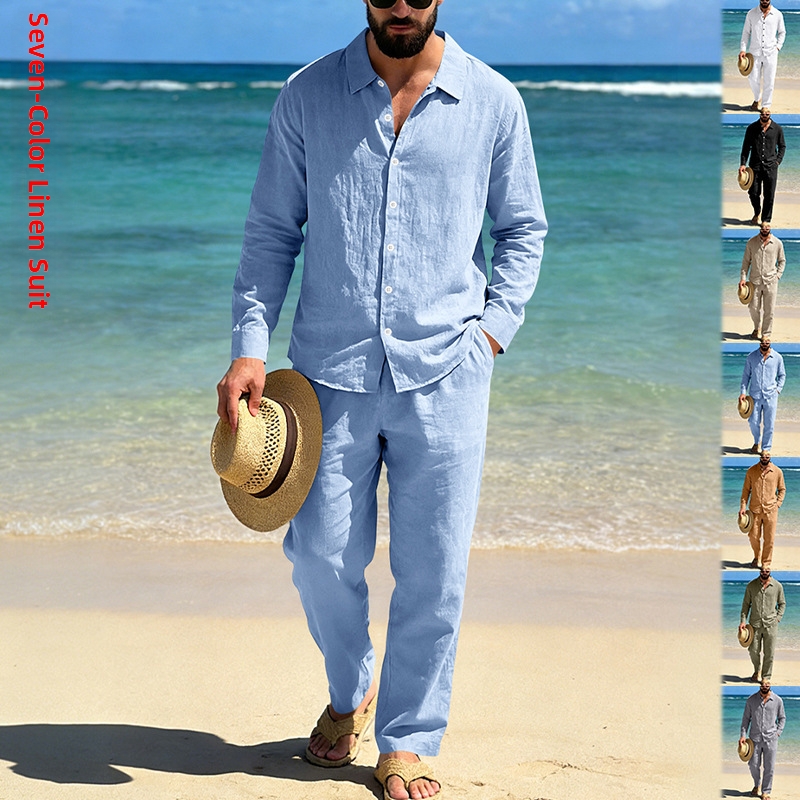 Men's Linen Shirt And Pants Set, Relaxed Fit Long Sleeve Button-Down Shirt With Straight Leg Trousers For Casual Commute And Beach Style_viptrois.com