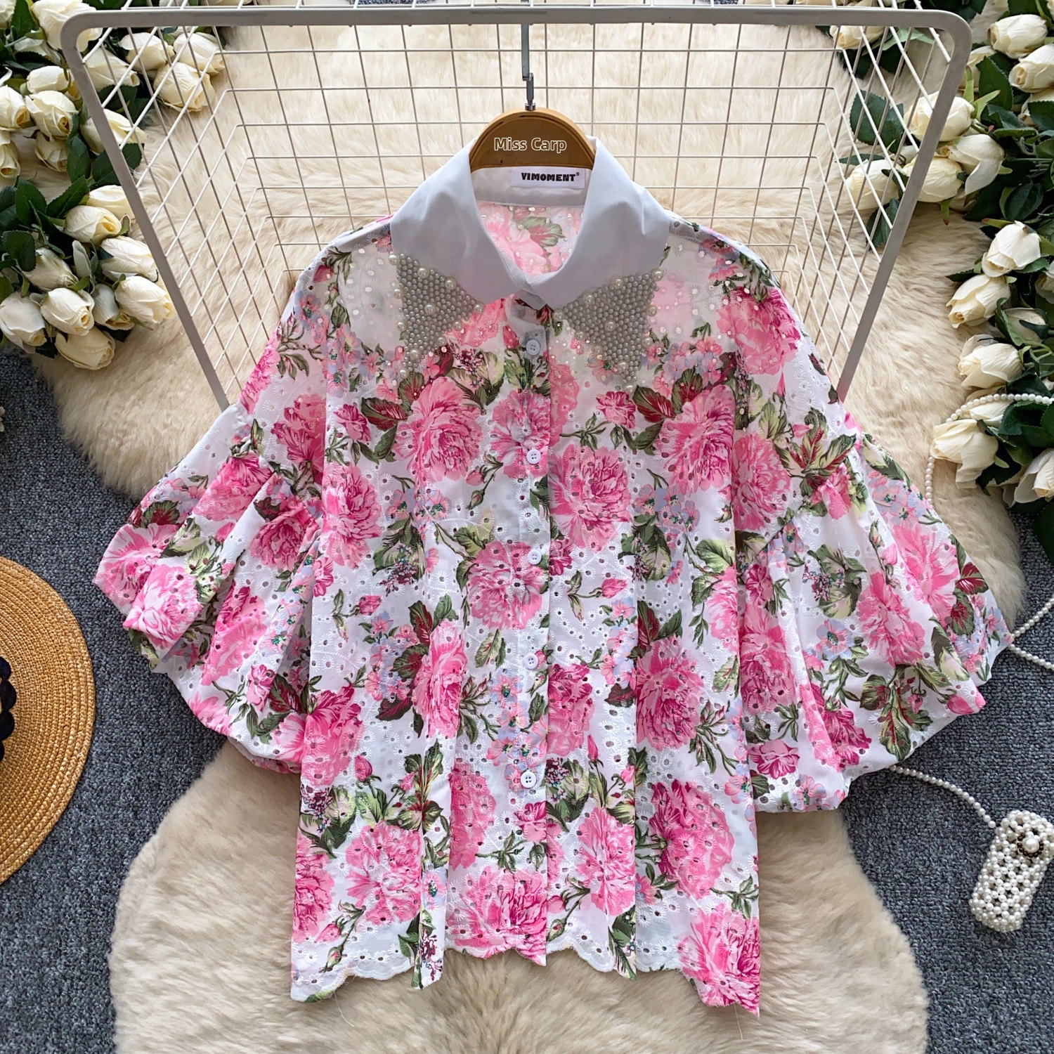 Women's Rhinestone Embellished Peter Pan Collar Lantern Sleeve Printed Shirt Loose Fitting Cardigan Top Summer Short Sleeved Heavy Duty_ecoleips.com
