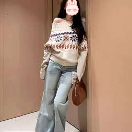 韩系慵懒软糯风一字肩毛衣女秋冬新款复古提花针织衫图片色