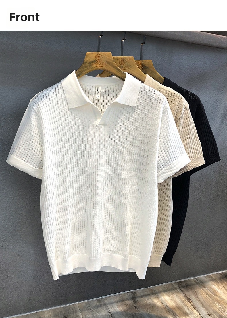 Herren Polo Shirt Elfenbeinweiß Eisseide Strick Kurzarm_voghion.com