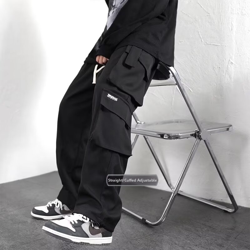 Pantaloni cargo da uomo alla moda in stile americano, larghi, casual, antivento, modello harem, pantaloni eleganti e alla moda per uomo, colore bianco tinta unita, vita bassa._voghion.com