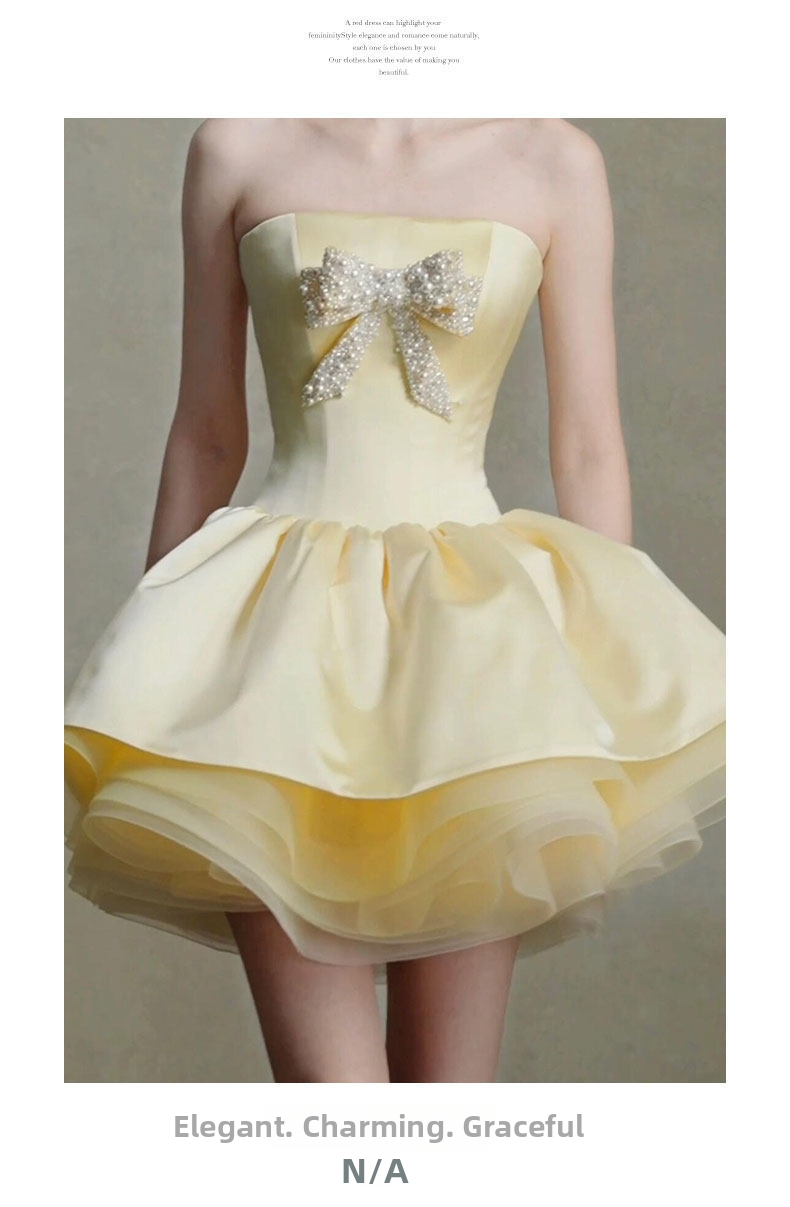 Petite Strapless Evening Gown French Style Bridal Toast Dress Elegant Short Princess Wedding Party Wear for Women_ecoleips.com