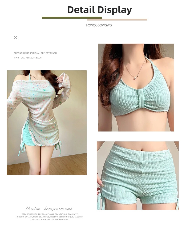 Women's Three Piece Swimsuit Set Halter Neck Star Print Beach_voghion.com