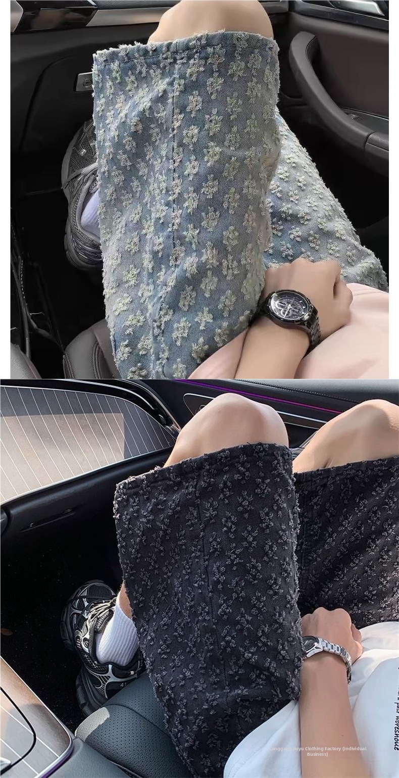 Men's Summer Thin Ripped Denim Shorts Casual Mid-Length American Retro Jacquard Loose Fit Five Point Pants_mkmklike.com