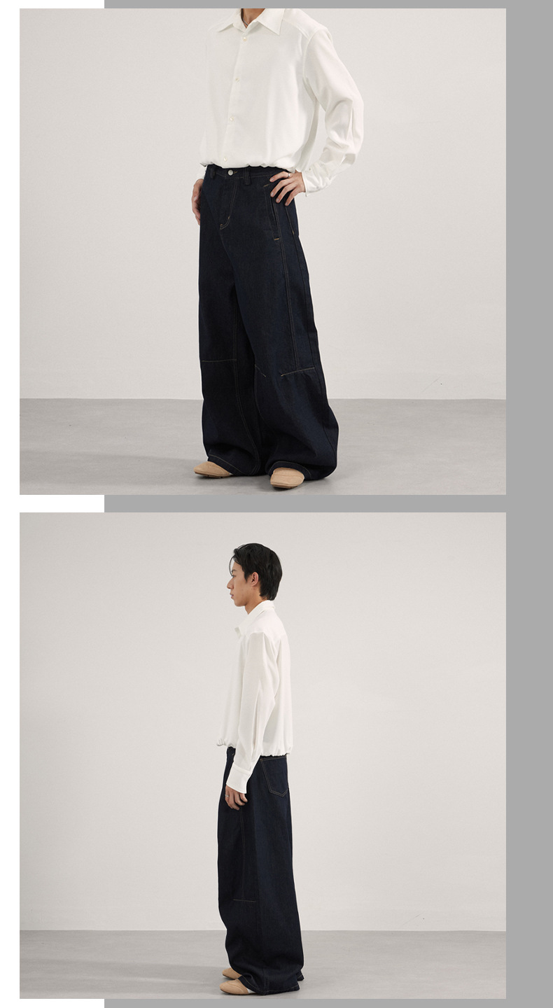 LKTM Men's American Vintage Raw Denim Jeans, Curved Blade Silhouette, Deconstructed Design, Wide-Leg Drag Hem Trousers For Clean Fit Style_viptrois.com